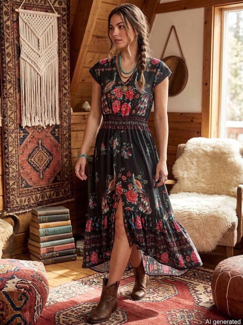 Fashion Nova Black Maxi Dress with Red Floral Print